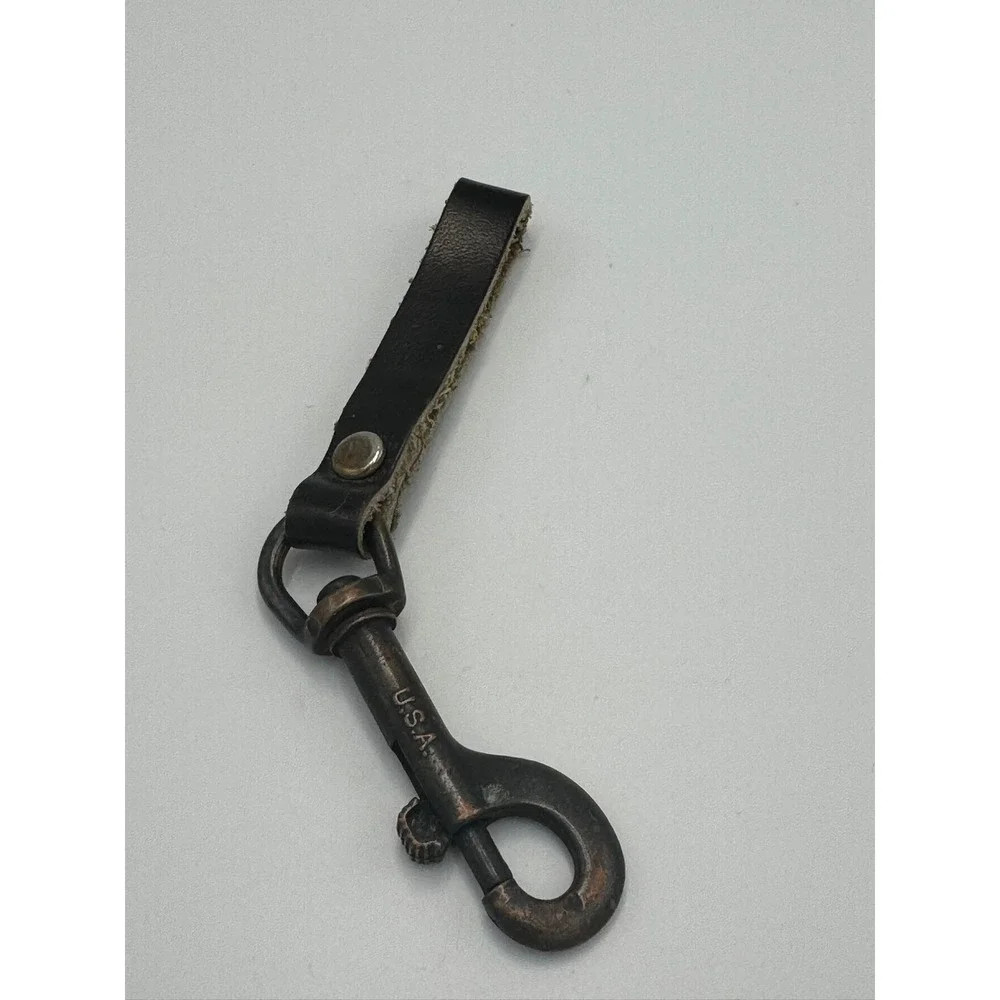 Vintage Leather Belt Loop Key Fob Swivel Snap Hook USA Stamped Hardware Black